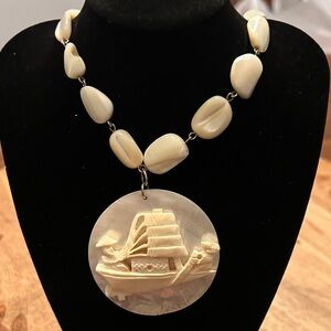 Vintage hand carved mother of pearl sailboat Pendant Necklace‎